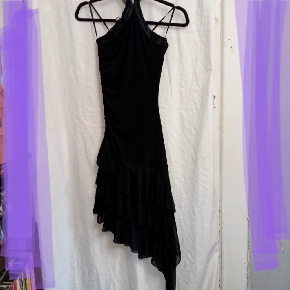 Vintage Womens Black Neck Tie Halter top Asymmetrical Dress